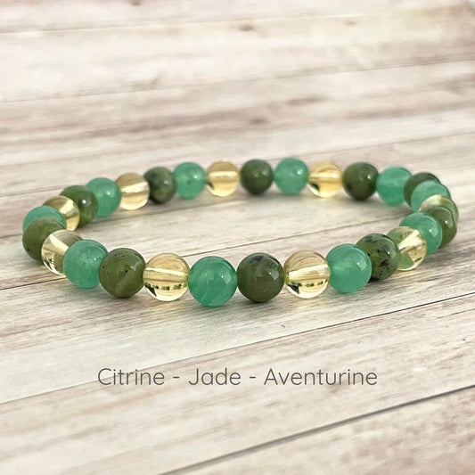 Bracelet en pierres naturelles Jade, Citrine et Aventurine 6 mm sur fil élastique, fait main en France