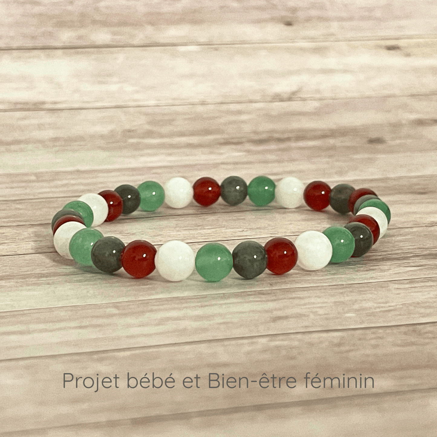 Bracelet projet bébé et bien être féminin en pierres naturelles Pierre de Lune, Cornaline, Aventurine et Labradorite 6 mm sur fil élastique