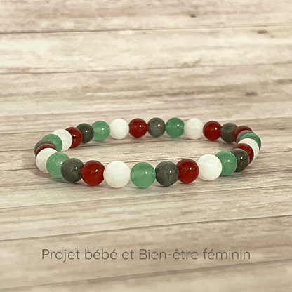 Bracelet projet bébé et bien être féminin en pierres naturelles Pierre de Lune, Cornaline, Aventurine et Labradorite 6 mm sur fil élastique