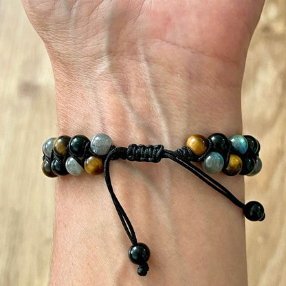 Bracelet double rang en Oeil de Tigre, Labradorite et Onyx 6 mm, bijou de lithothérapie sur cordon ajustable