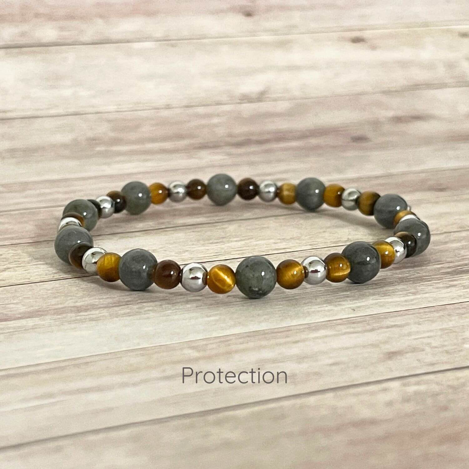 Bracelet protection en pierres naturelles Labradorite, Oeil de Tigre et Hématite 4 et 6 mm sur fil élastique