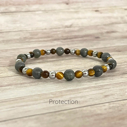 Bracelet protection en pierres naturelles Labradorite, Oeil de Tigre et Hématite 4 et 6 mm sur fil élastique