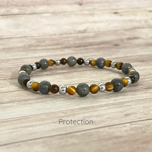 Bracelet protection en pierres naturelles Labradorite, Oeil de Tigre et Hématite 4 et 6 mm sur fil élastique
