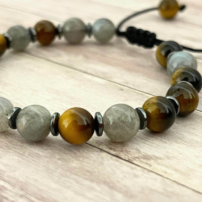 Gros plan sur les perles Labradorite, Oeil de Tigre et Hématite, bracelet d’ancrage et protection énergétique