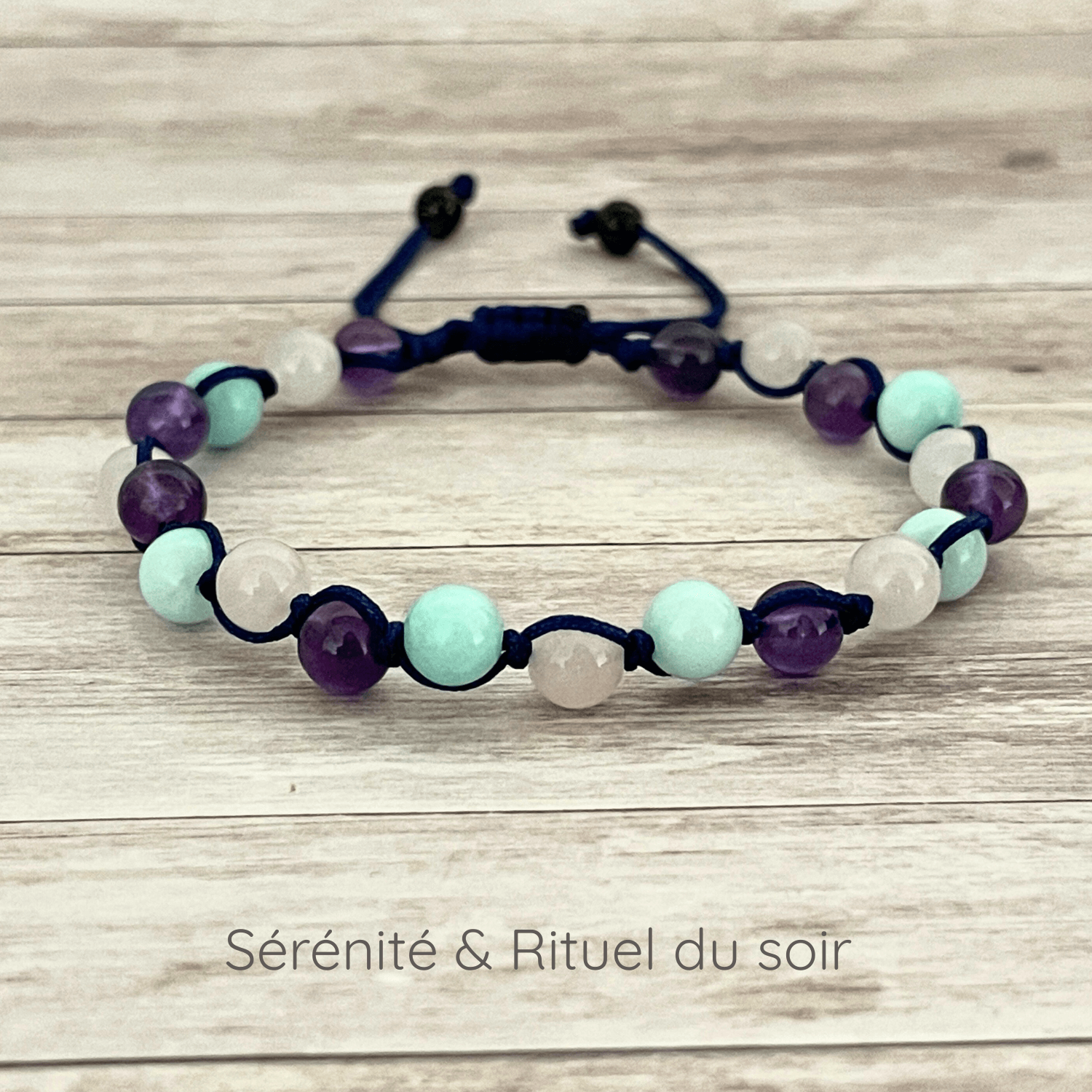 Bracelet Sérénité & Rituel du soir en pierres naturelles Amazonite, Quartz Rose et Améthyste 6 mm sur cordon ajustable