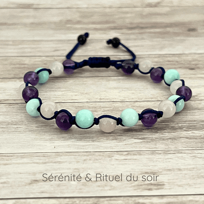 Bracelet Sérénité & Rituel du soir en pierres naturelles Amazonite, Quartz Rose et Améthyste 6 mm sur cordon ajustable