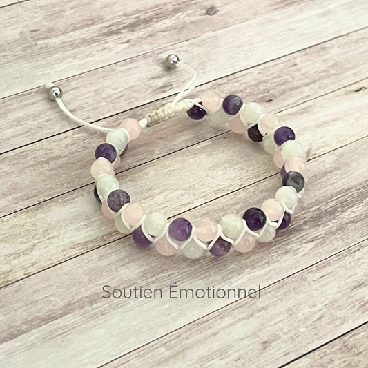 Bracelet Soutien Émotionnel en Quartz Rose, Améthyste et Pierre de Lune sur cordon ajustable, vue de présentation.