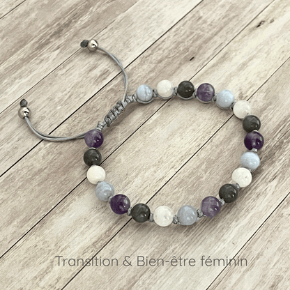 Bracelet transition et bien être féminin sur cordon ajustable en Pierre de Lune, Améthyste, Labradorite et Calcédoine, perles 6 mm