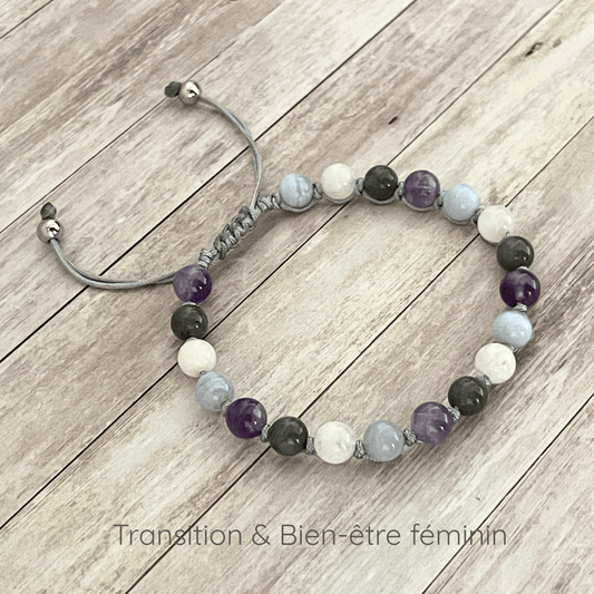 Bracelet transition et bien être féminin sur cordon ajustable en Pierre de Lune, Améthyste, Labradorite et Calcédoine, perles 6 mm