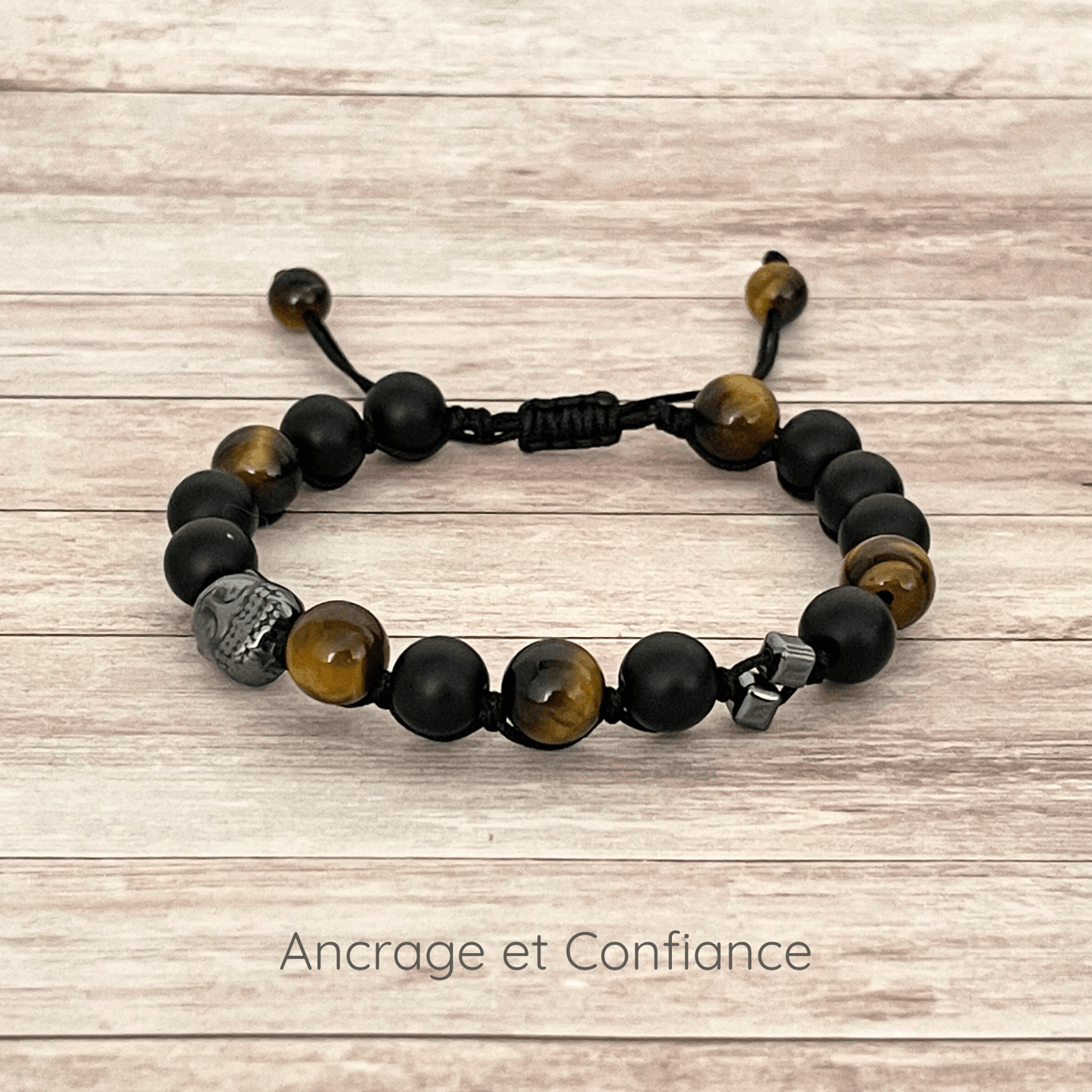 Bracelet en pierres naturelles Onyx et Œil de Tigre 8 mm sur cordon ajustable