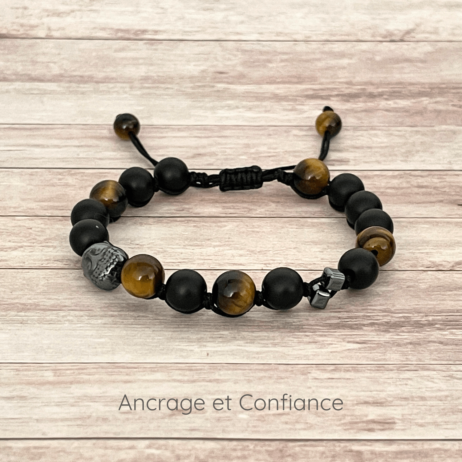 Bracelet en pierres naturelles Onyx et Œil de Tigre 8 mm sur cordon ajustable