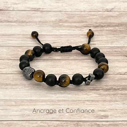 Bracelet en pierres naturelles Onyx et Œil de Tigre 8 mm sur cordon ajustable