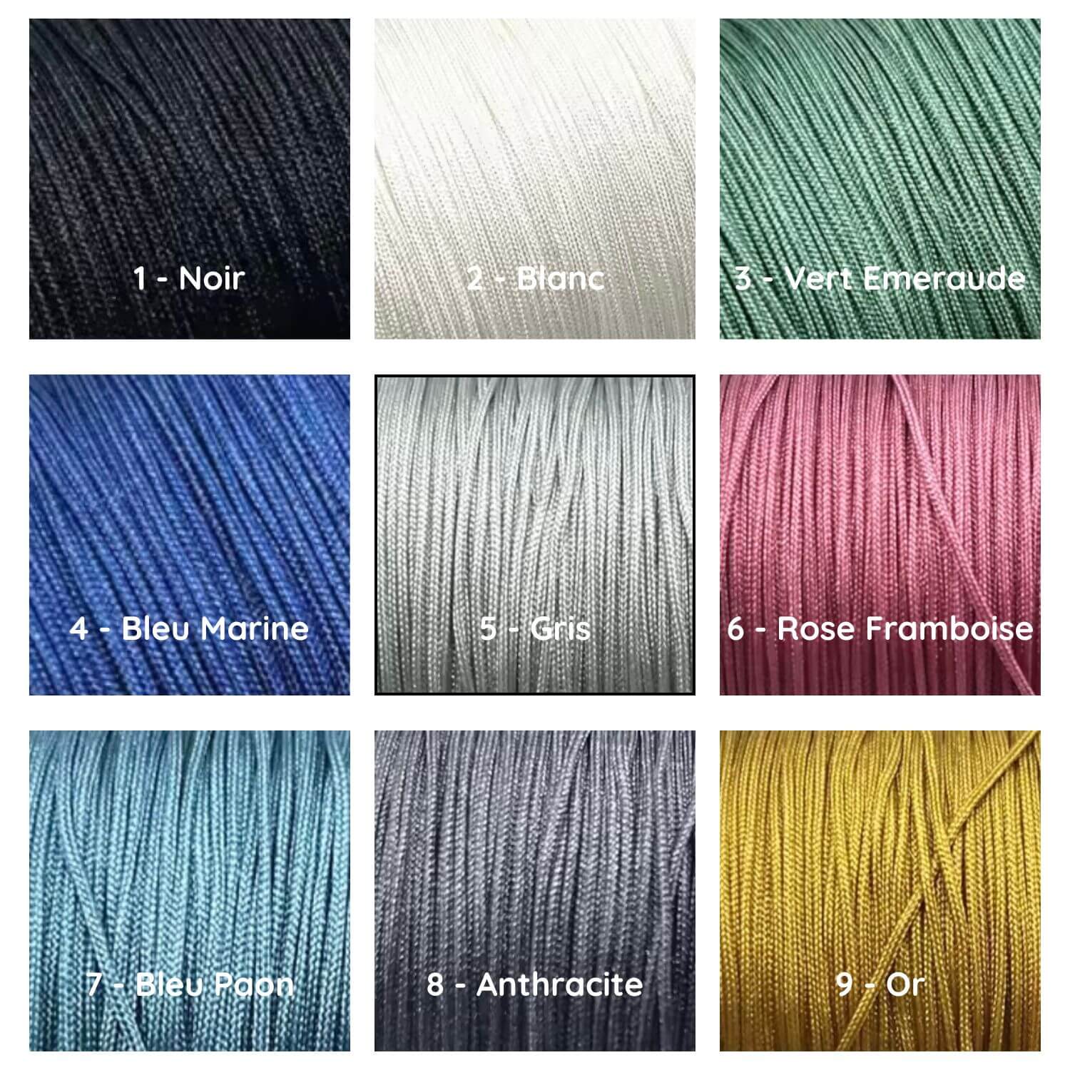 Nuancier des couleurs de cordon disponibles pour bracelet personnalisable (cordon ajustable, coloris au choix)