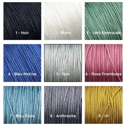 Nuancier des couleurs de cordon disponibles pour bracelet personnalisable (cordon ajustable, coloris au choix)