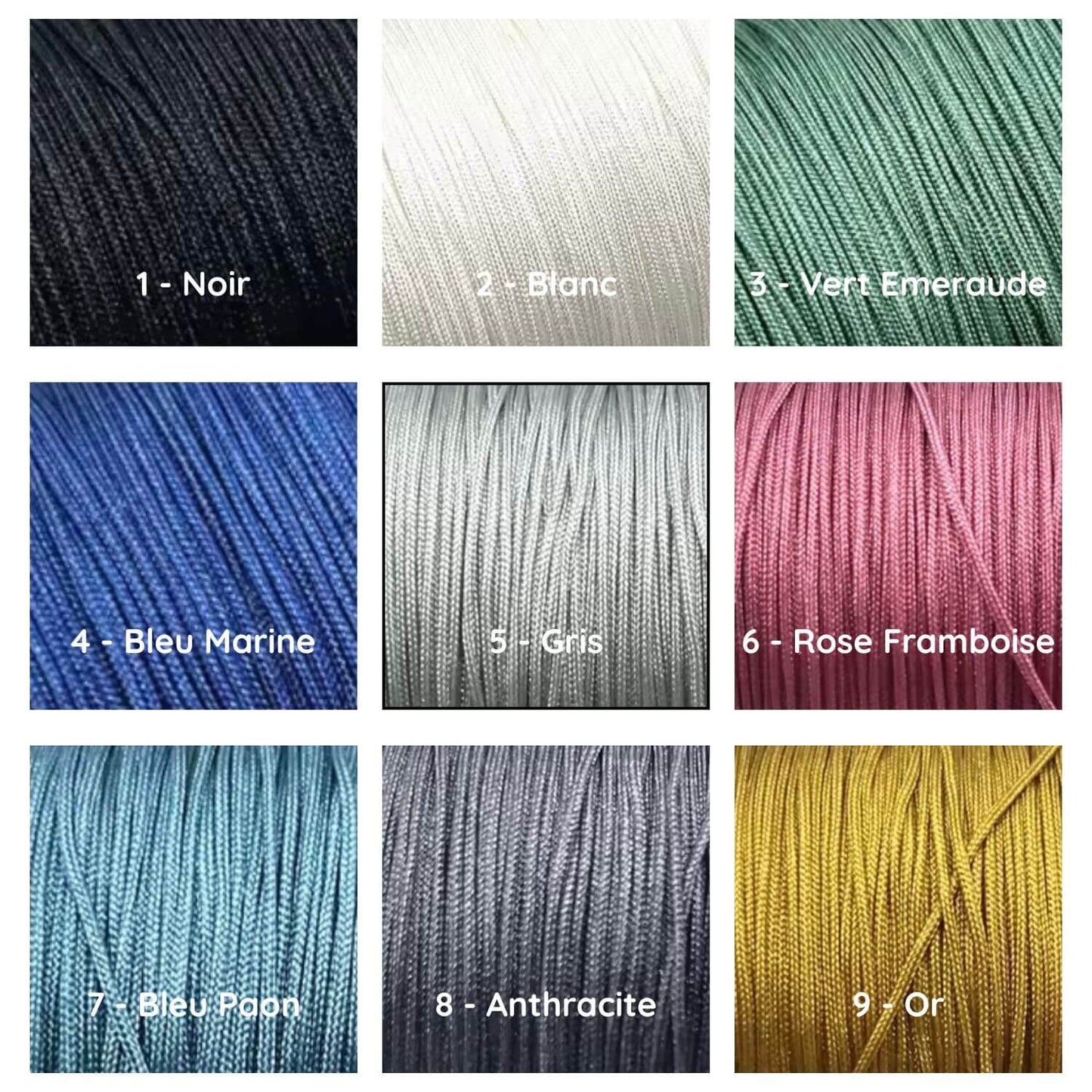 Nuancier des couleurs de cordon disponibles pour bracelet personnalisable (cordon ajustable, coloris au choix)