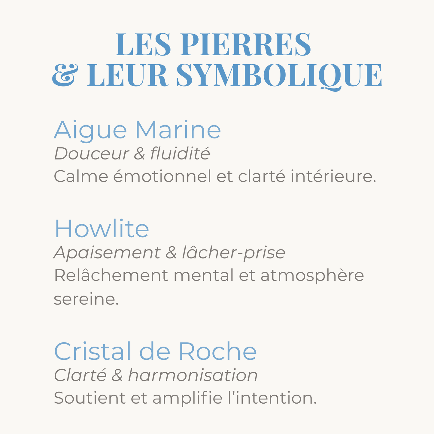 Aigue Marine Howlite Cristal de Roche, symbolique des pierres
