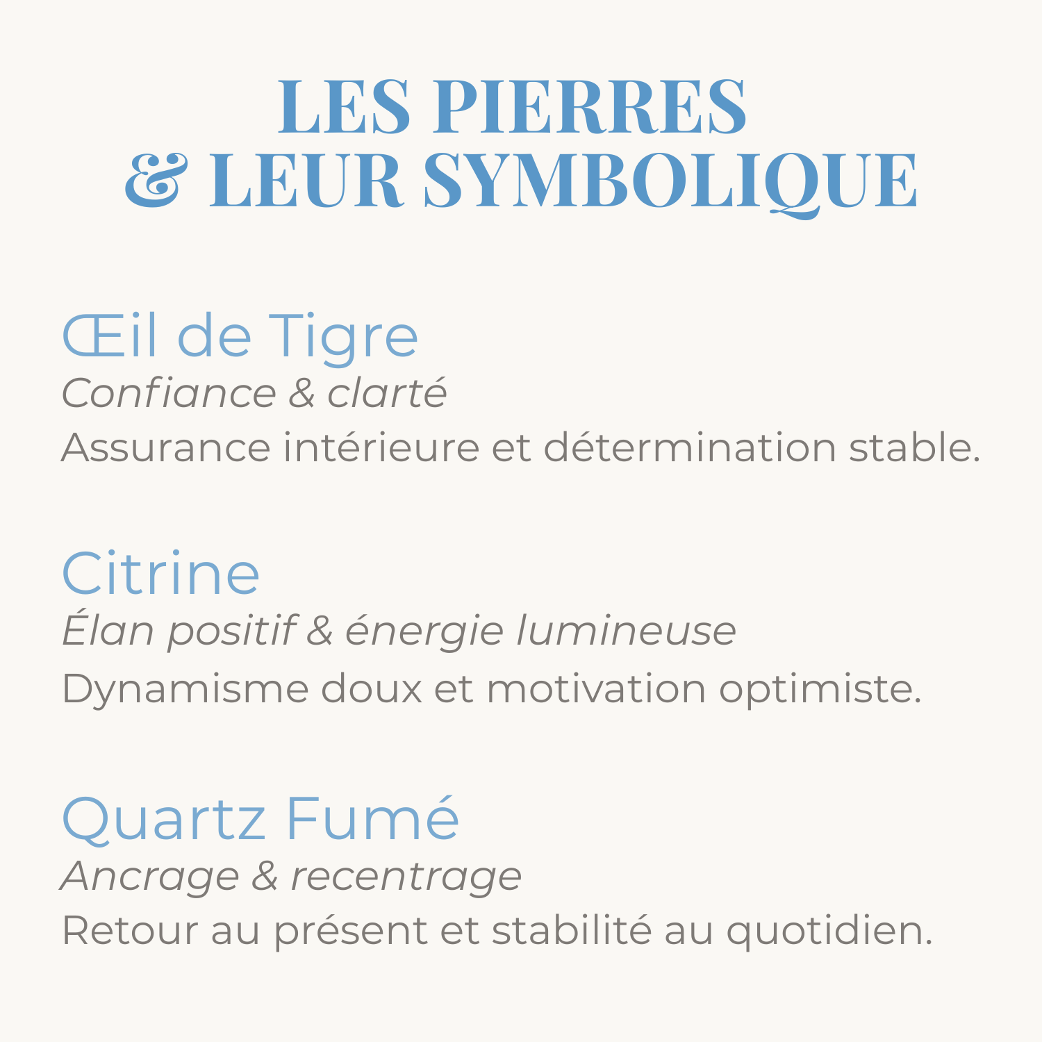 les pierres d'eil e tigre citrine et quanrtz fumé et leur symbolique