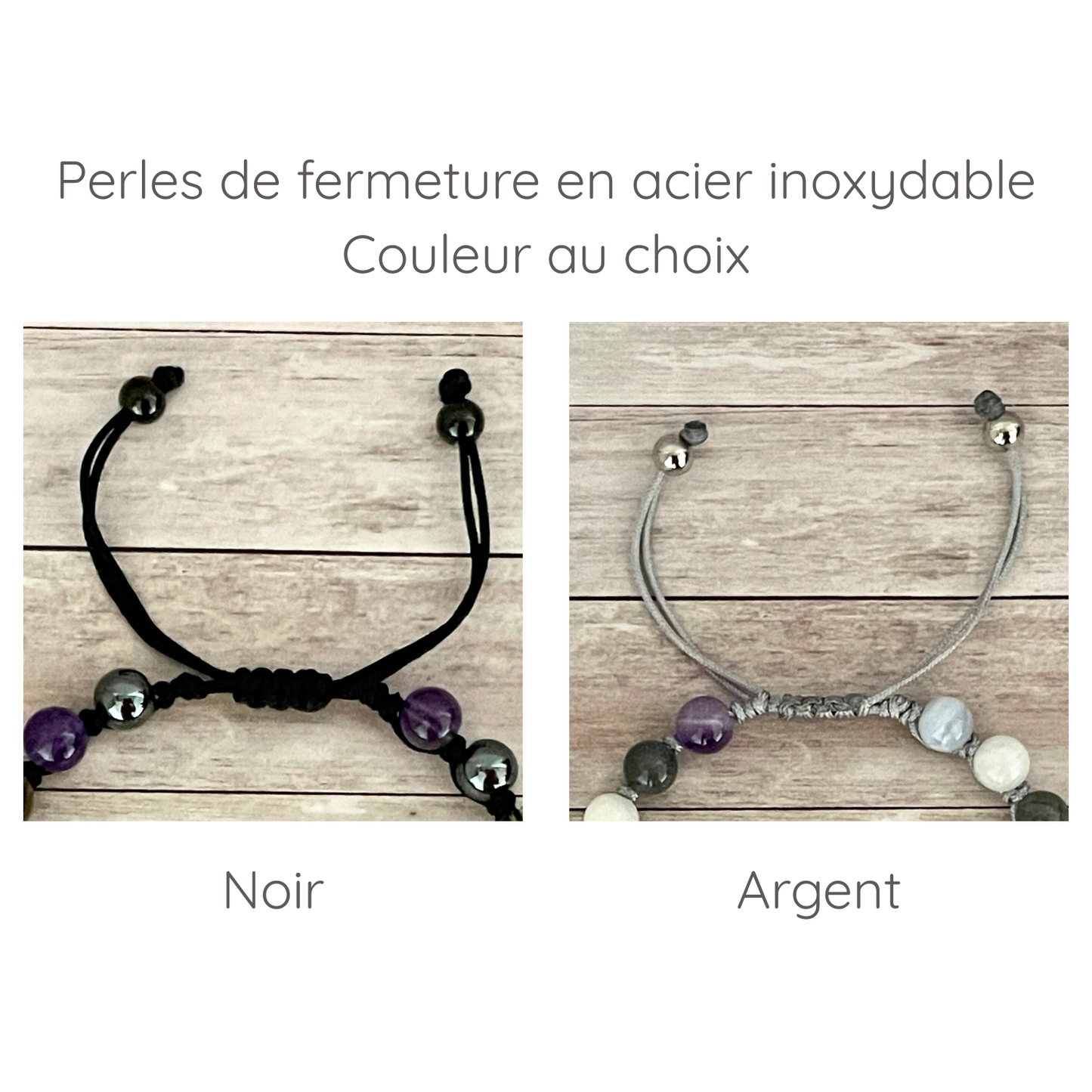 Perles de fermeture en acier inoxydable pour bracelet sur cordon : finition noir ou argent au choix