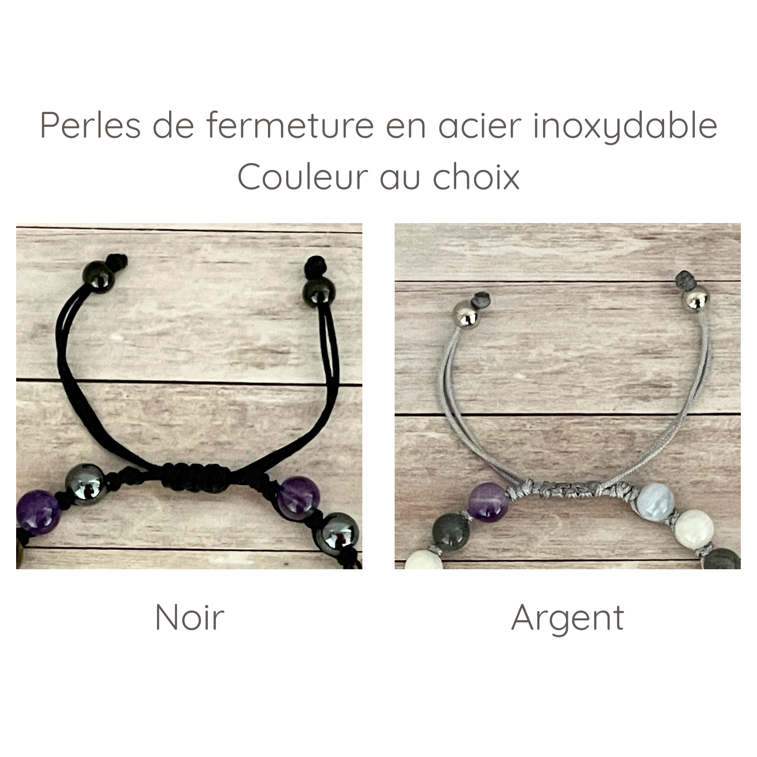 Perles de fermeture en acier inoxydable pour bracelet sur cordon : finition noir ou argent au choix