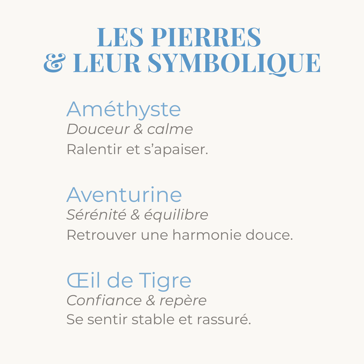 symbolique des pierres d'amethyste, aventurine et oeil de tigre du bracelet en pierres naturelles Petit Zen