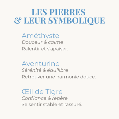 symbolique des pierres d'amethyste, aventurine et oeil de tigre du bracelet en pierres naturelles Petit Zen