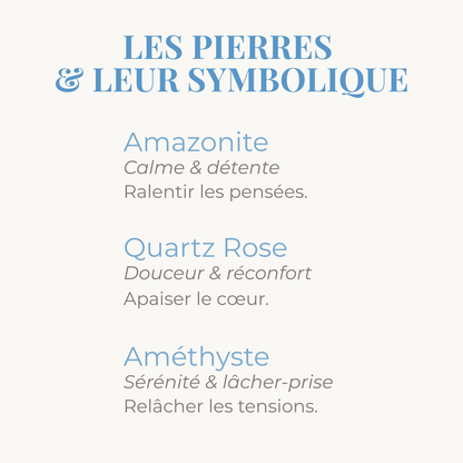 Symbolique des pierres d'amazonite, quartz rose et améthyste du bracelet.