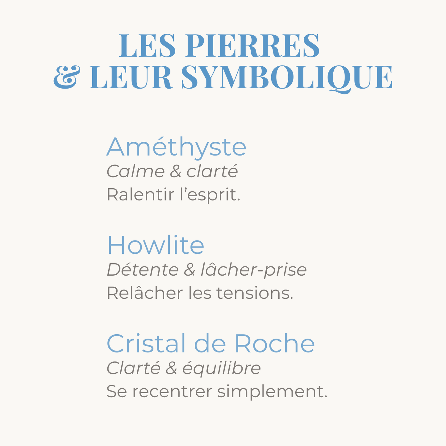 Symbolique des pierres d'Améthyste, Howlite et Cristal de Roche