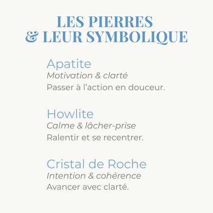 Symbolique des pierres d'Apatite, Howlite et Cristal de Roche du bracelet.