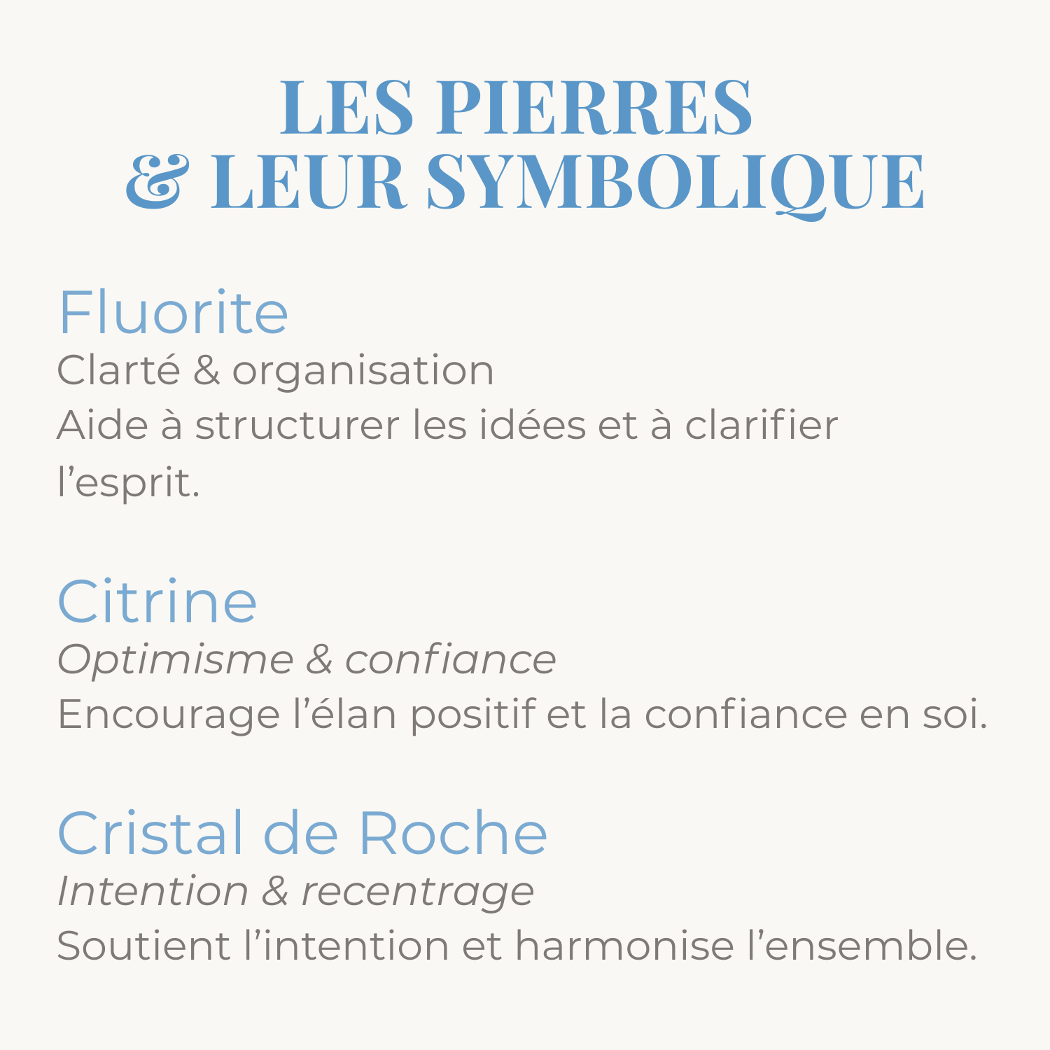 Symbolique des pierres de fluorite, citrine et cristal de roche.
