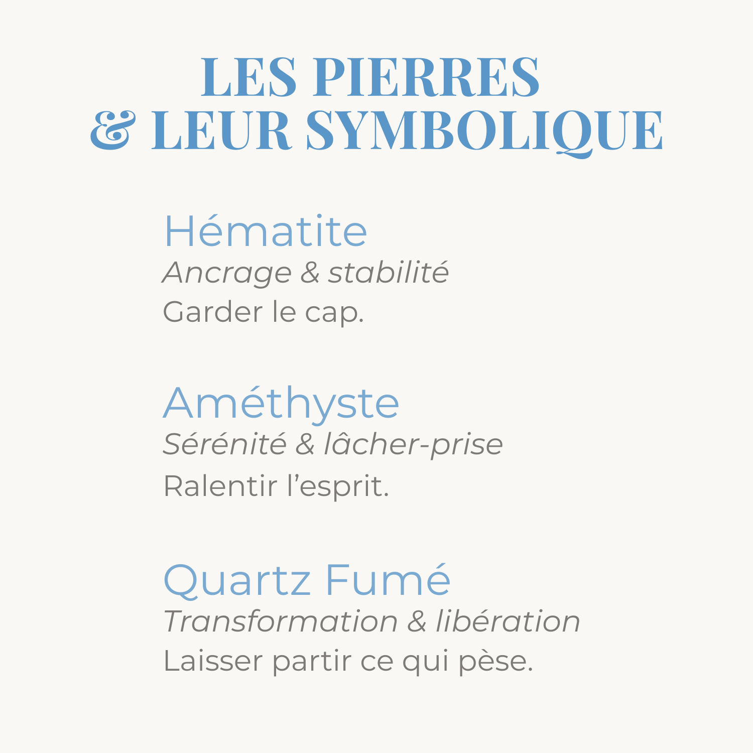 Symbolique des pierres d'Hématite, Améthyste et Quartz Fumé du bracelet.