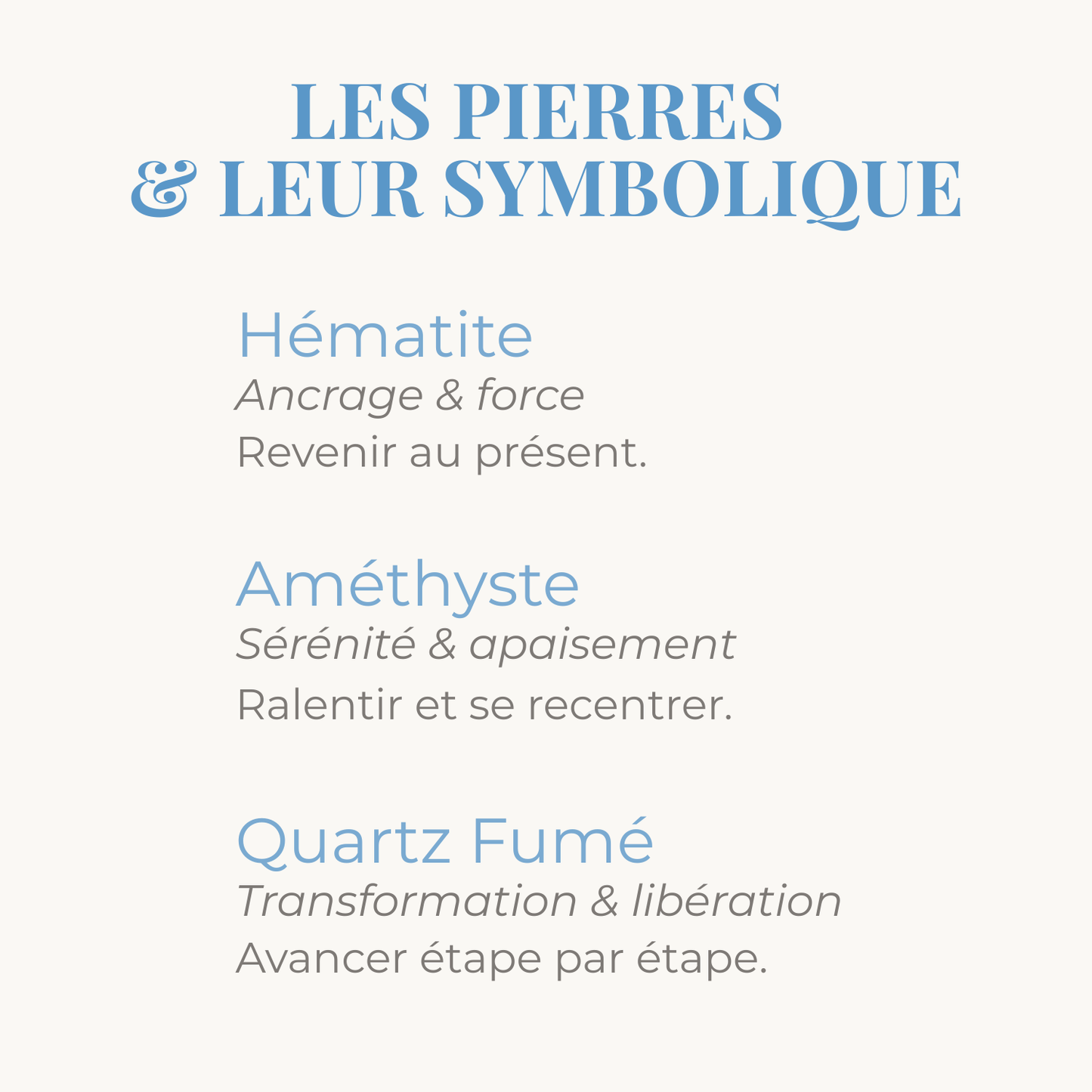 Symbolique des pierres d'hématite, améthyste et quartz fumé.