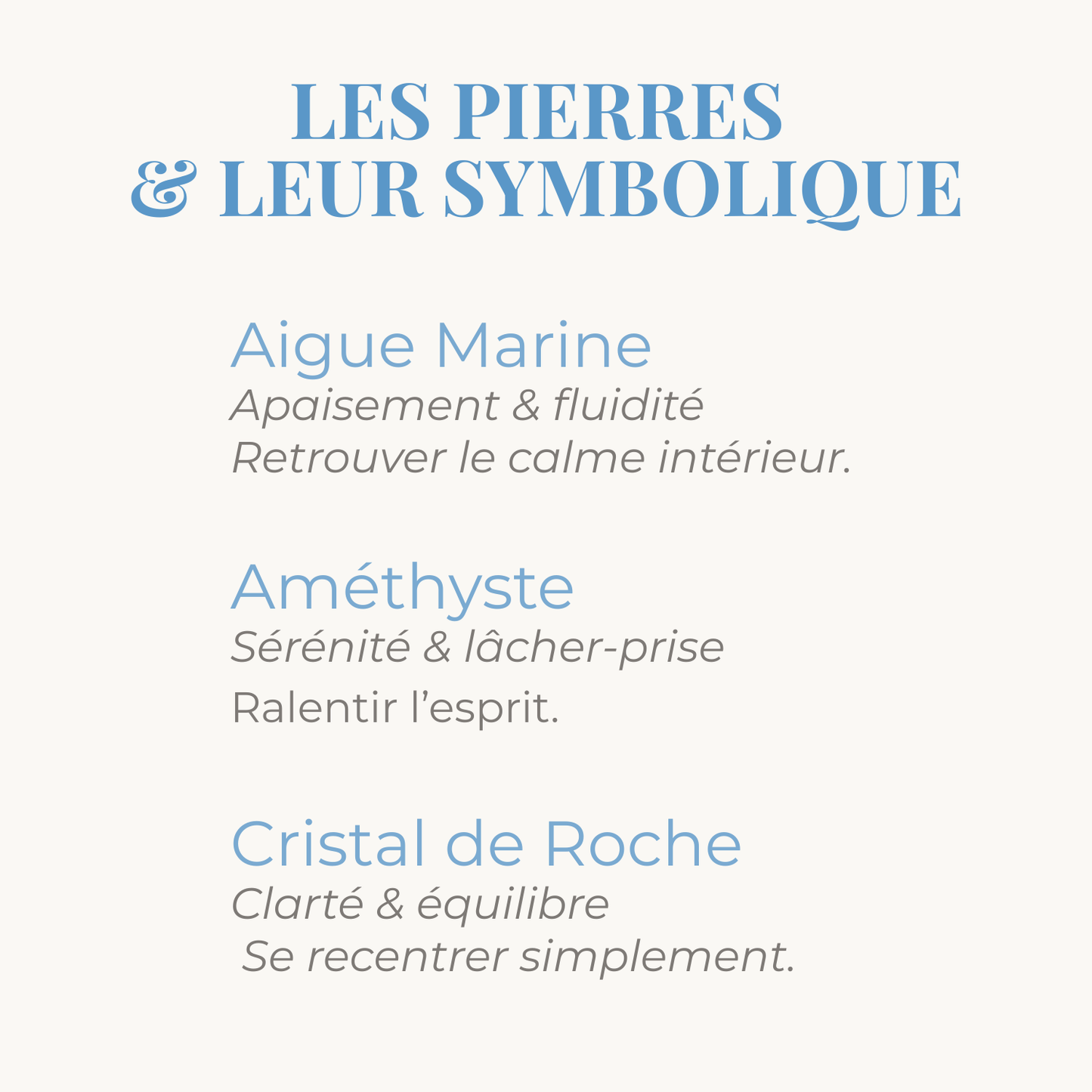 Aigue Marine Améthyste Cristal de Roche, symbolique des pierres