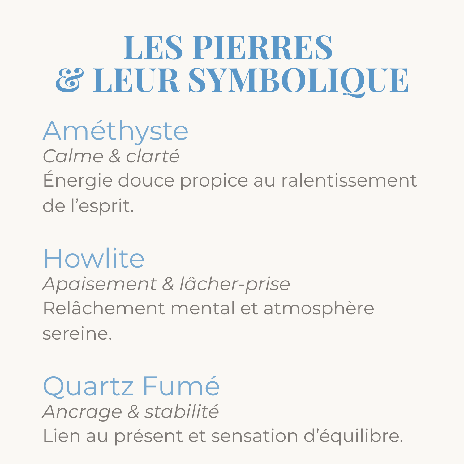 les pierres d'amethyste, howlite et quartz fume et leur symbolique