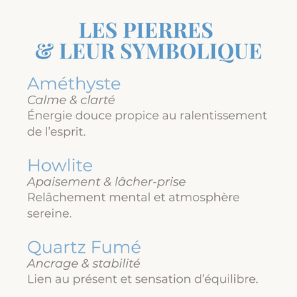 les pierres d'amethyste, howlite et quartz fume et leur symbolique