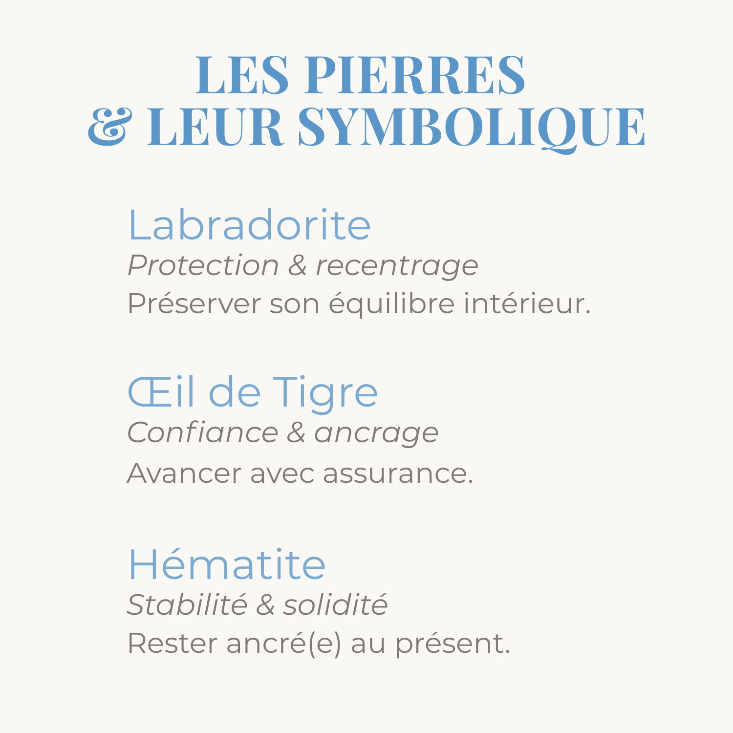 Symbolique des pierres de Labradorite, Oeil de Tigre et Hématite du bracelet. 