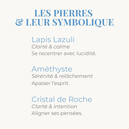 Symbolique des pierres de Lapis Lazuli, Améthyste et Cristal de Roche du bracelet.