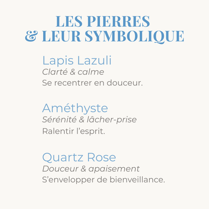Symbolique des pierres de lapis lazuli, amethyste et quartz rose du bracelet.
